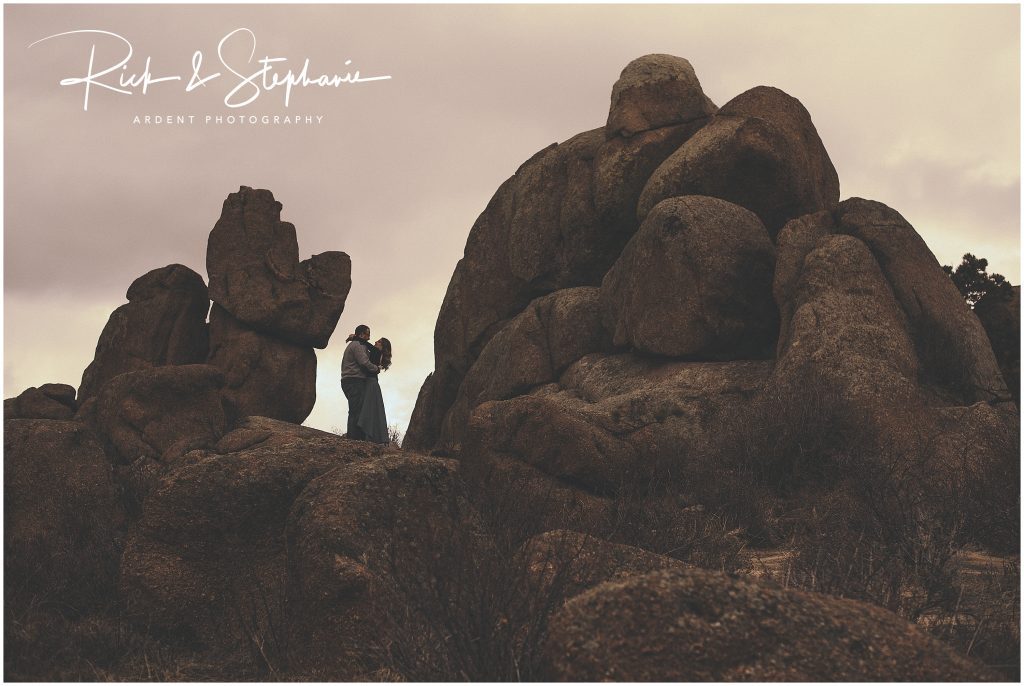 Vedauwoo Wyoming rock formations with an engaged couple silhouetted. Outdoor Cheyenne Wyoming engagement photos...