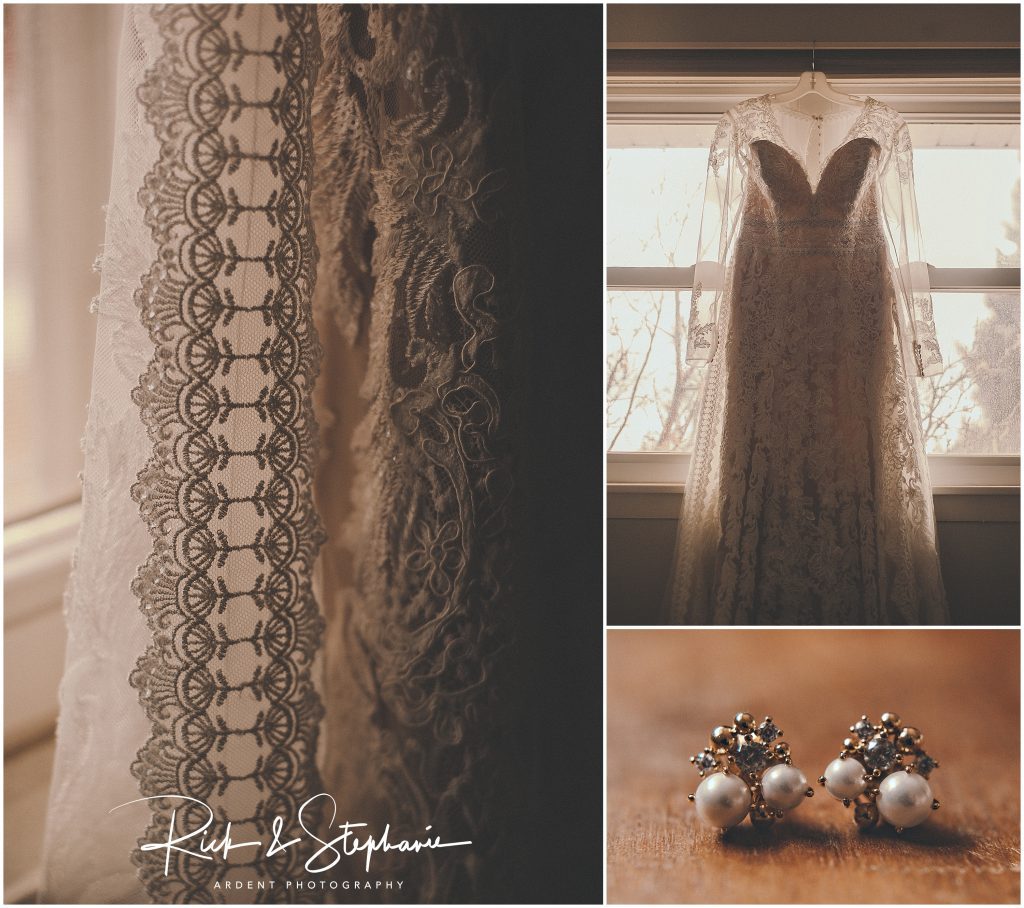 Backlit photo of Shannon's gorgeous wedding dress.