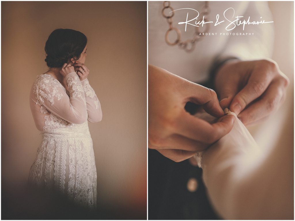Bride putting on her jewelry getting ready to get married in Wyoming.