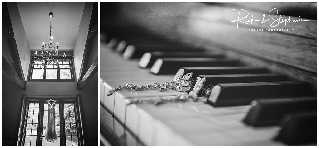 Ivinson Mansion wedding details showing earrings and a wedding dress.