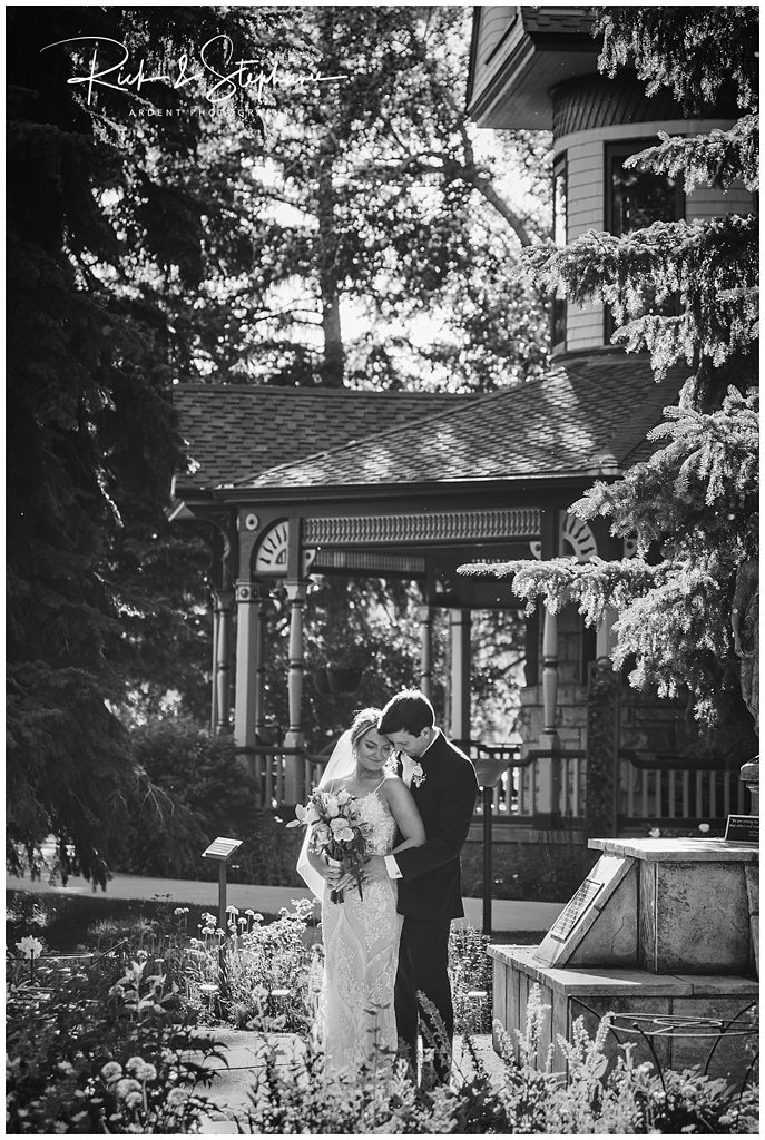 Ivinson Mansion wedding photo showing the bride and groom on the grounds after their ceremony.