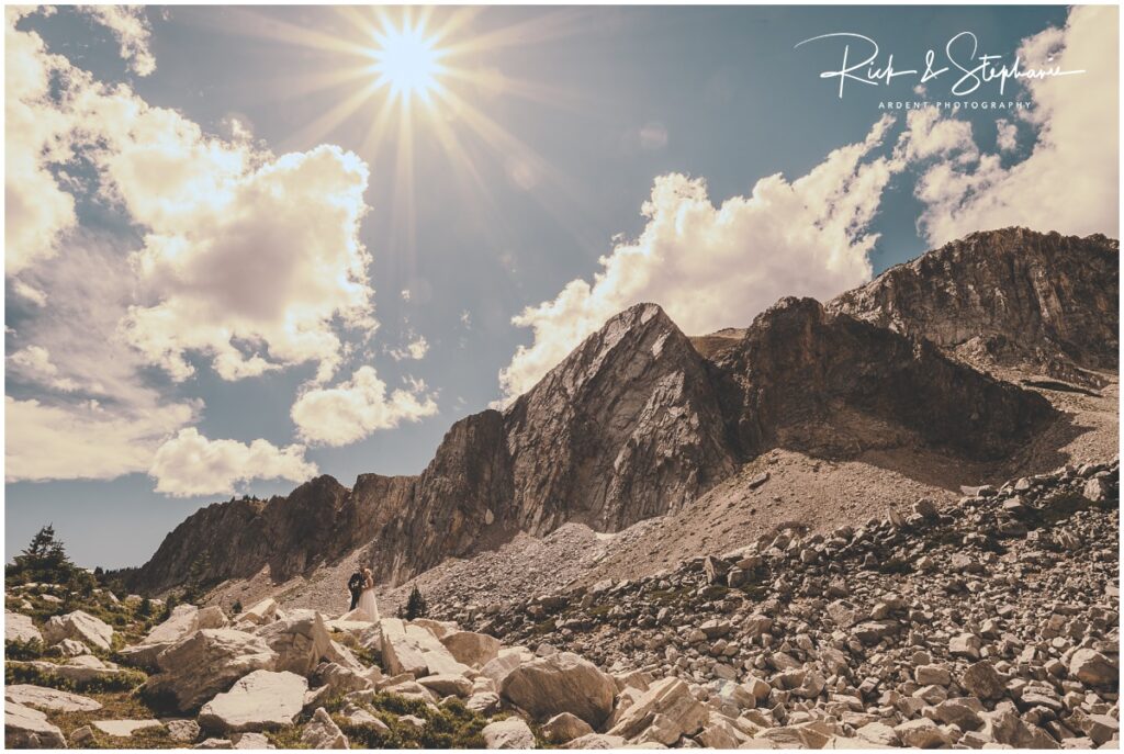 Bride and groom taking wyoming wedding photos in the Snowy Range.